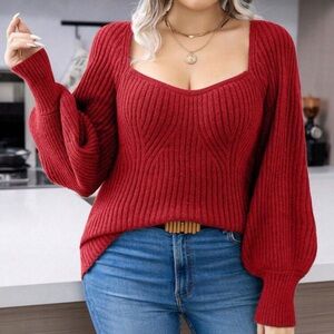 SHEIN Sweetheart Bishop Bubble Sleeve Wine Sweater with Bust Stitching 3X